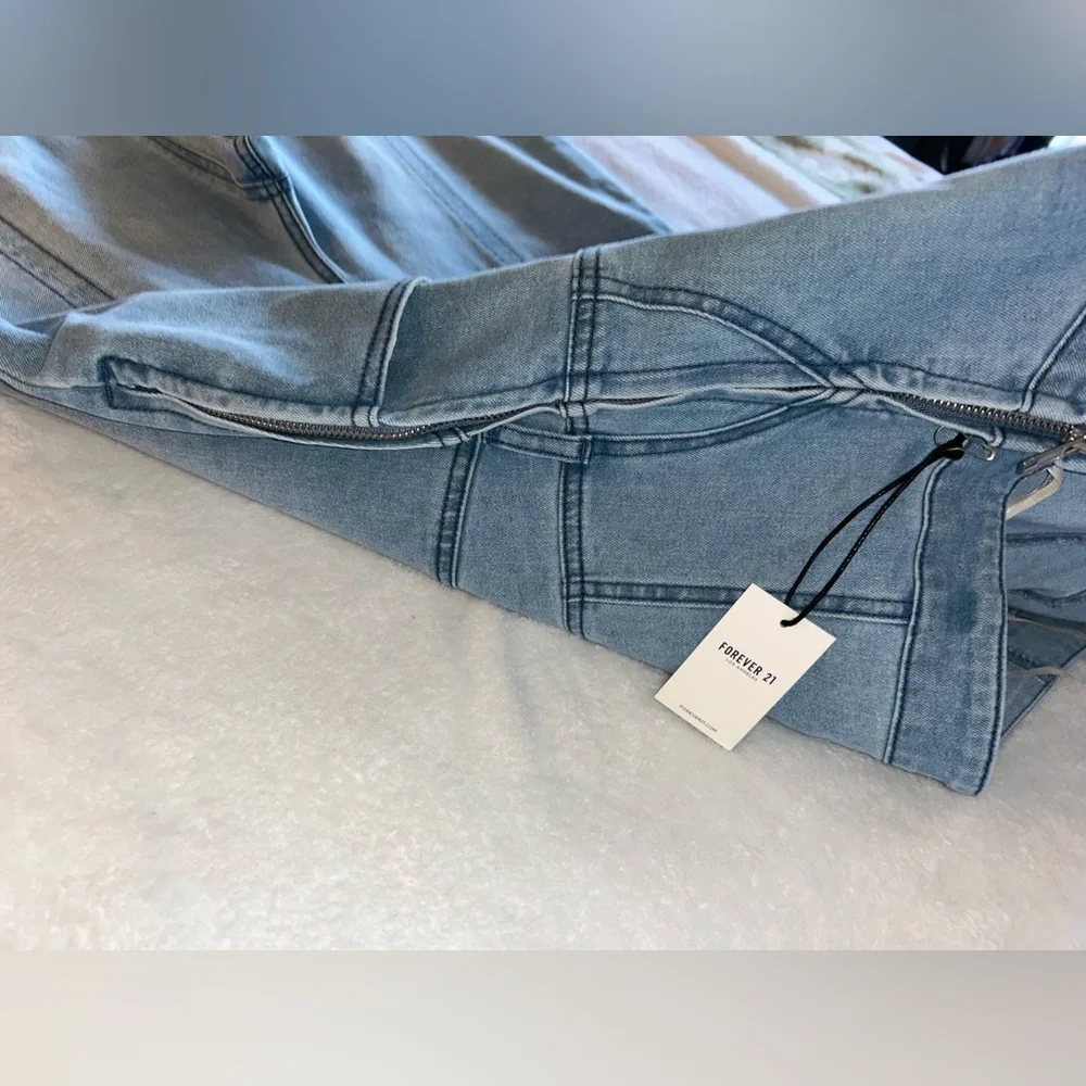 Strapless Wide Leg Denim Jumpsuit - Light Blue Corset Waist - Picture 2 of 4